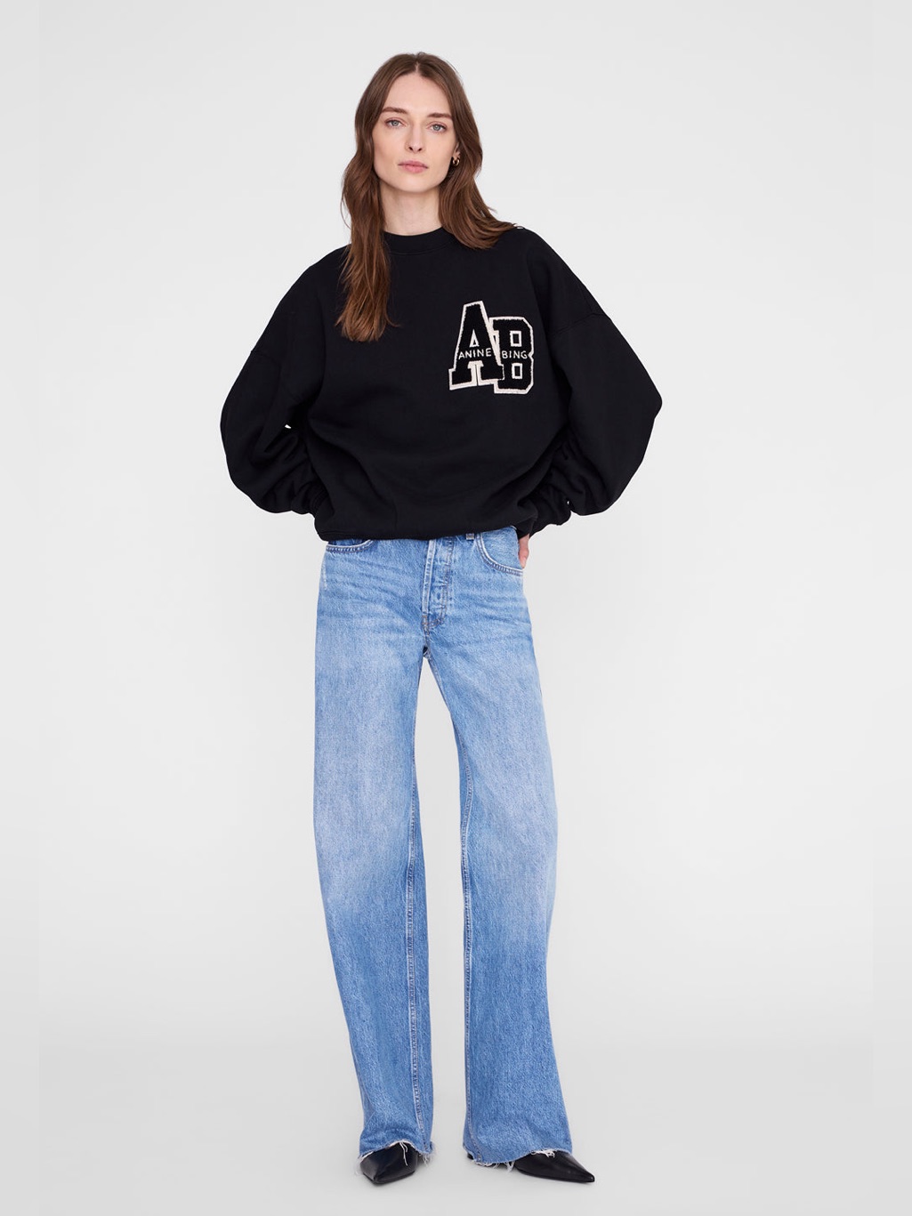 Anine Bing Miles Black Oversized Chenille Patch Sweatshirt - Size Large - Euc